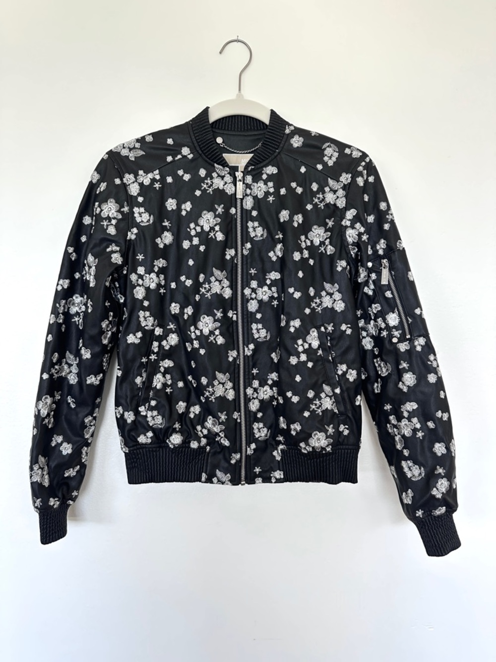 MICHAEL Michael Kors Black Floral Bomber Jacket with Silver Embroidery